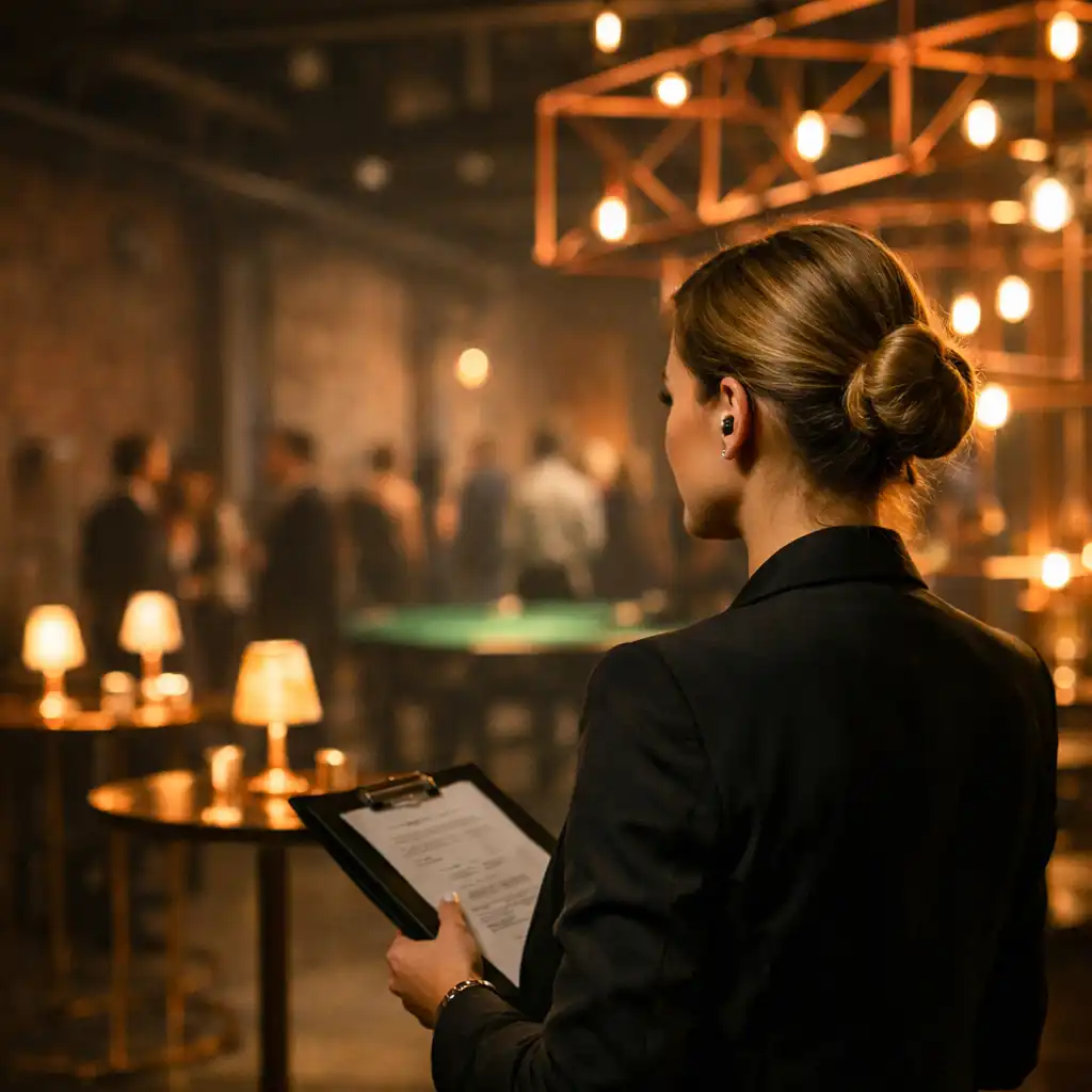 An event producer reviewing a warmly lit live event room
