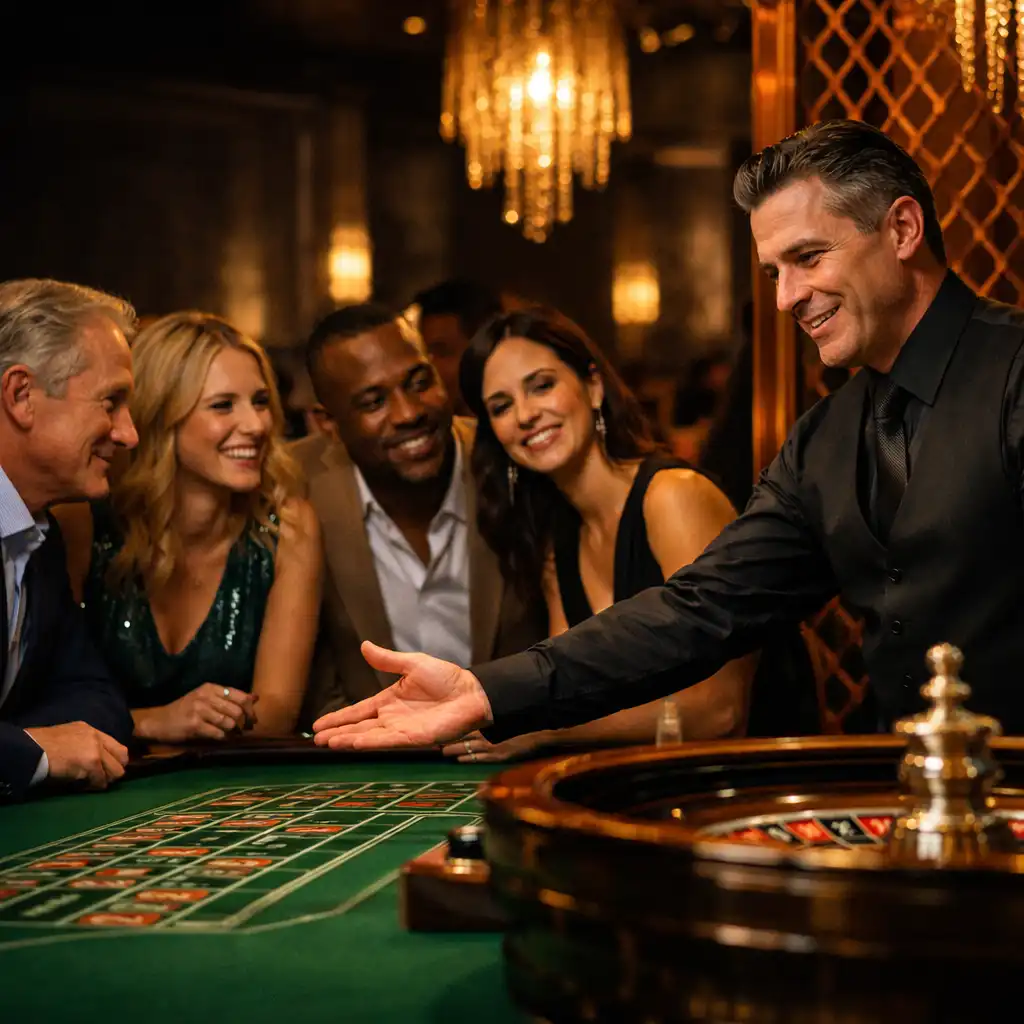 Professional croupier hosting adult guests around a physical roulette table at an evening event