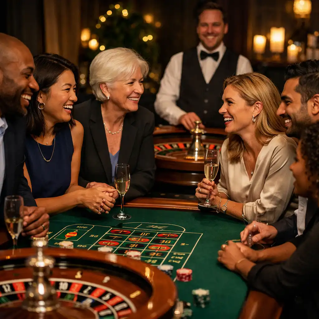 Colleagues talking and laughing around a hosted roulette table at a corporate event