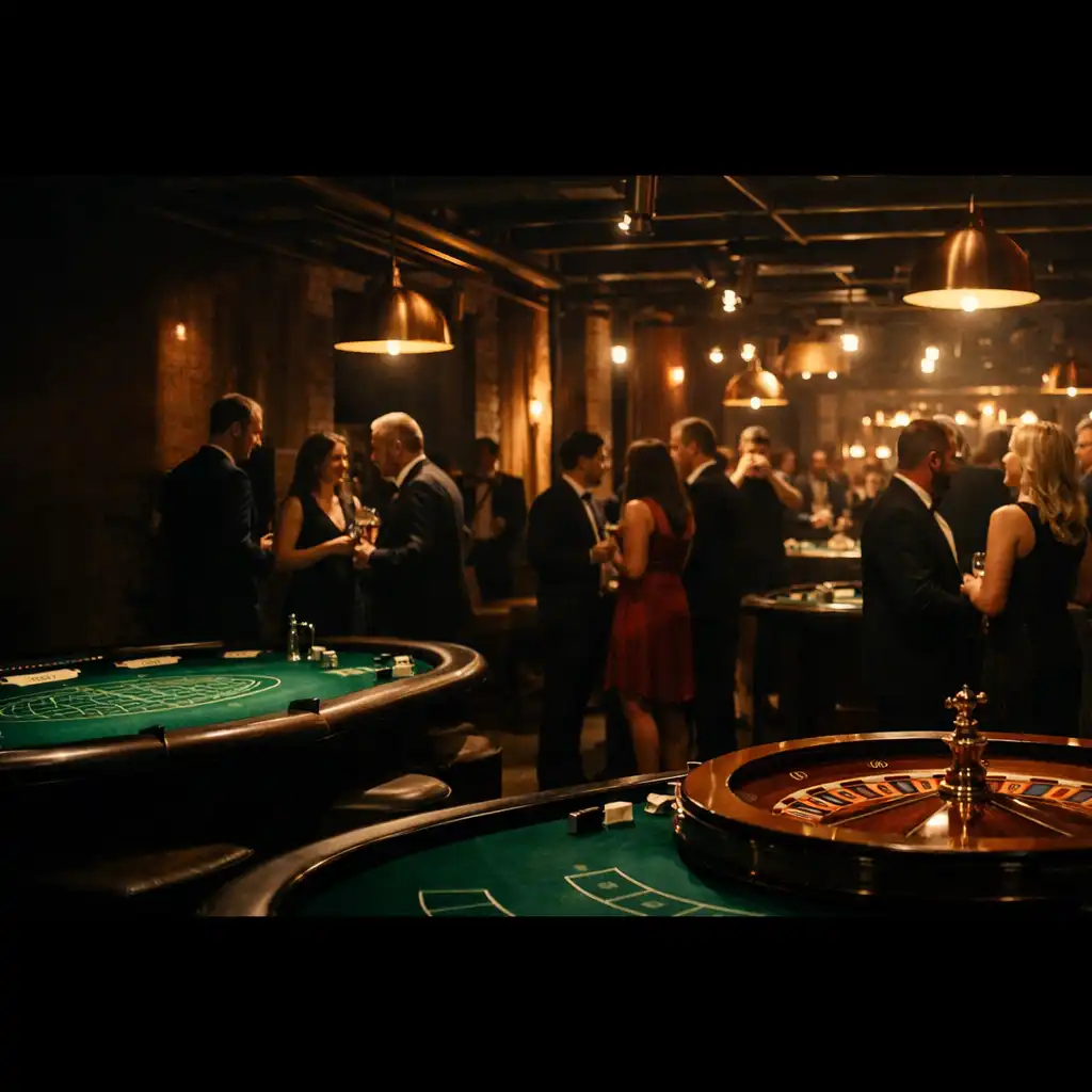Elegant event room with emerald felt tables, warm lights and guests enjoying a hosted casino theme night