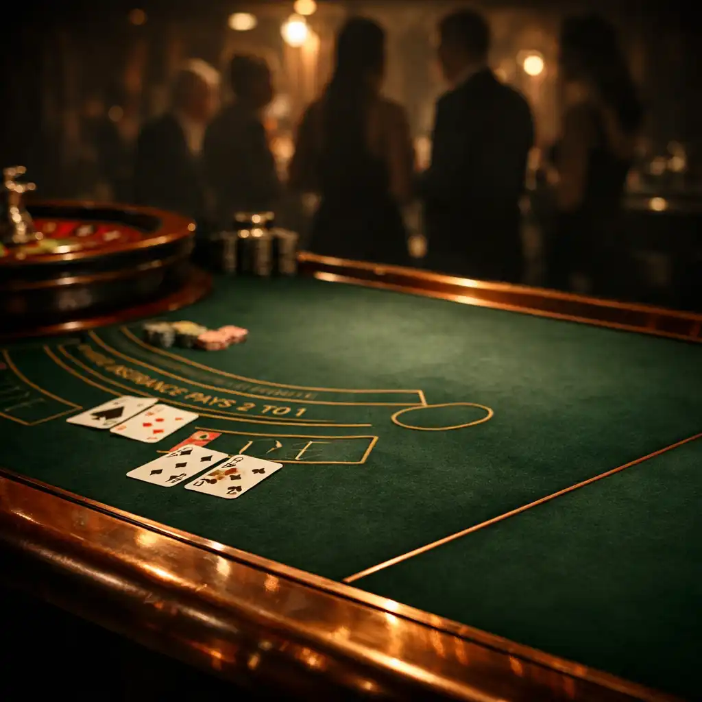 Emerald felt casino table details prepared in a warmly lit event venue