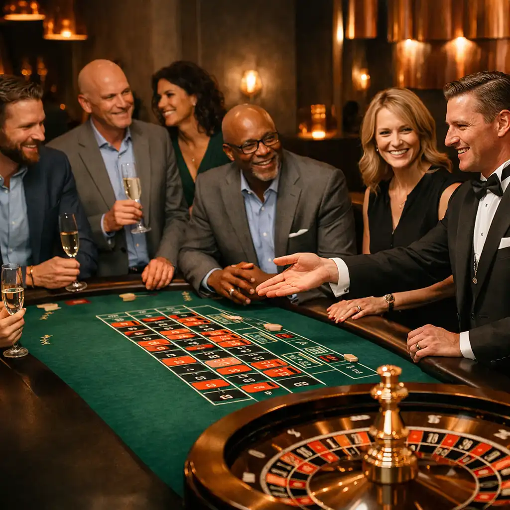 Corporate guests talking around a physical roulette table with a professional host