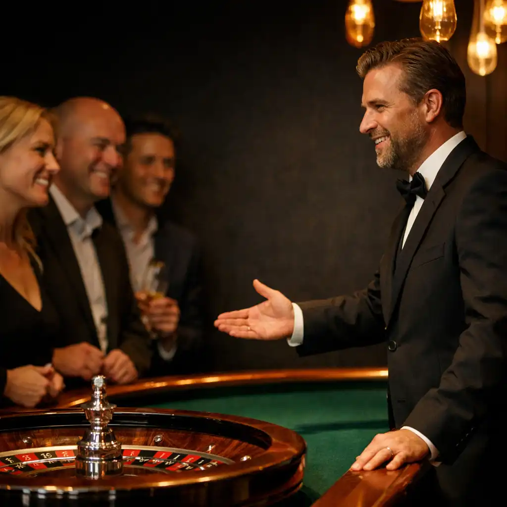 Professional croupier welcoming corporate guests around a physical roulette table