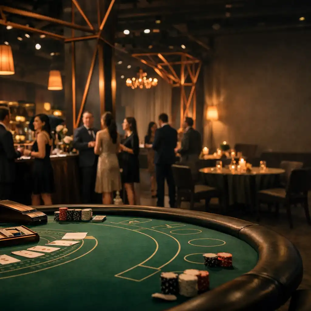 Emerald-felt blackjack table and guests in a transformed corporate venue