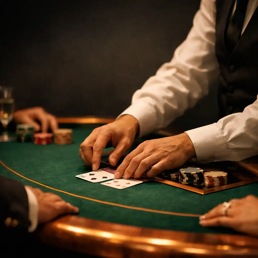 Professional croupier preparing a tactile emerald felt blackjack table at an event