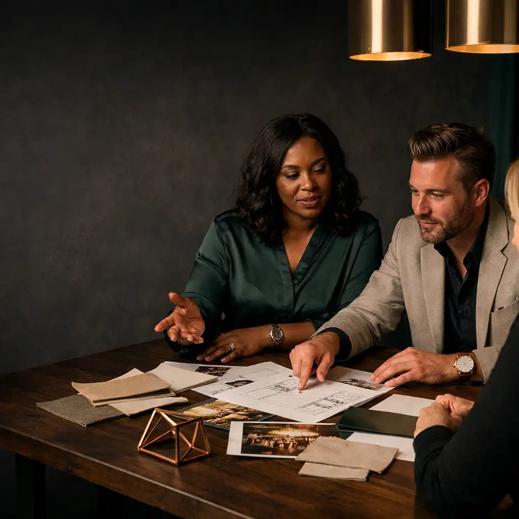 Event planners and a client discussing notes around a dark timber table