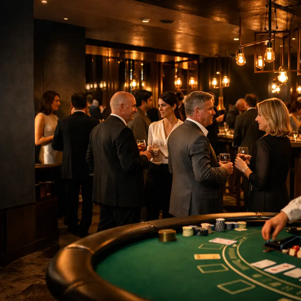 Guests talking in an immersive event room near a blackjack table