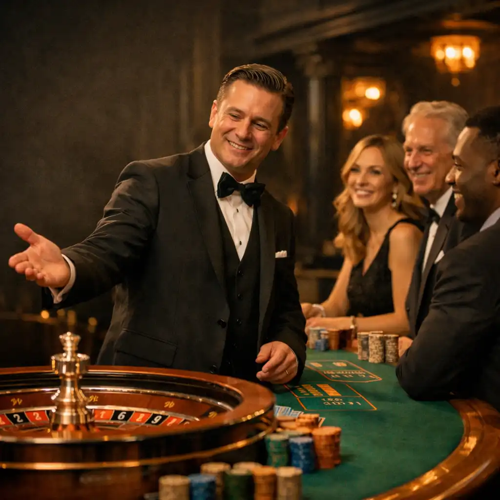 Professional croupier welcoming guests at a physical roulette table during an evening event