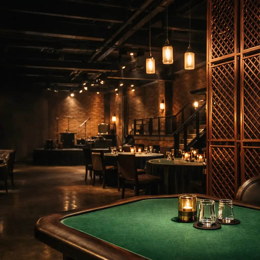 Event-ready interior with dark industrial architecture, copper light and emerald felt table detail