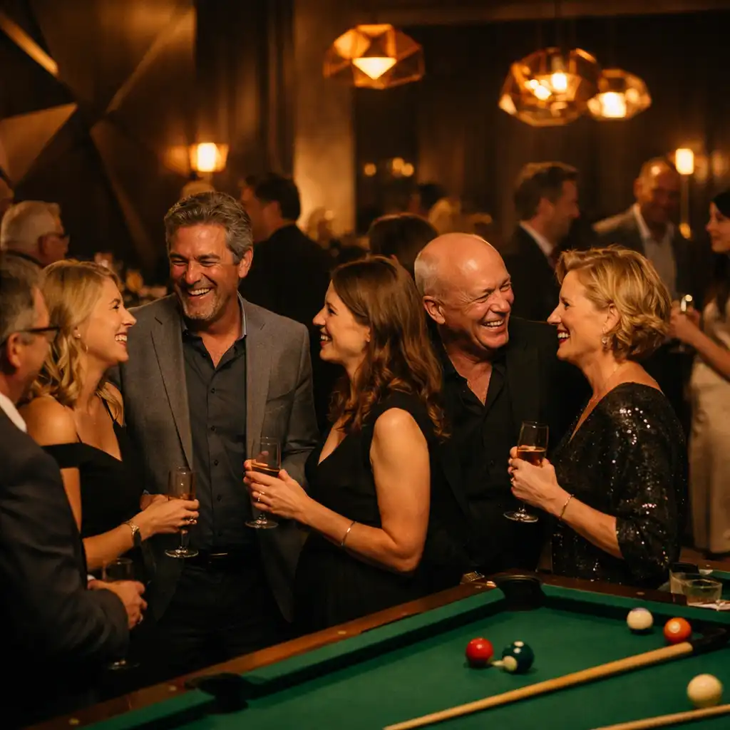 Guests enjoying conversation at a stylish private celebration with warm event lighting