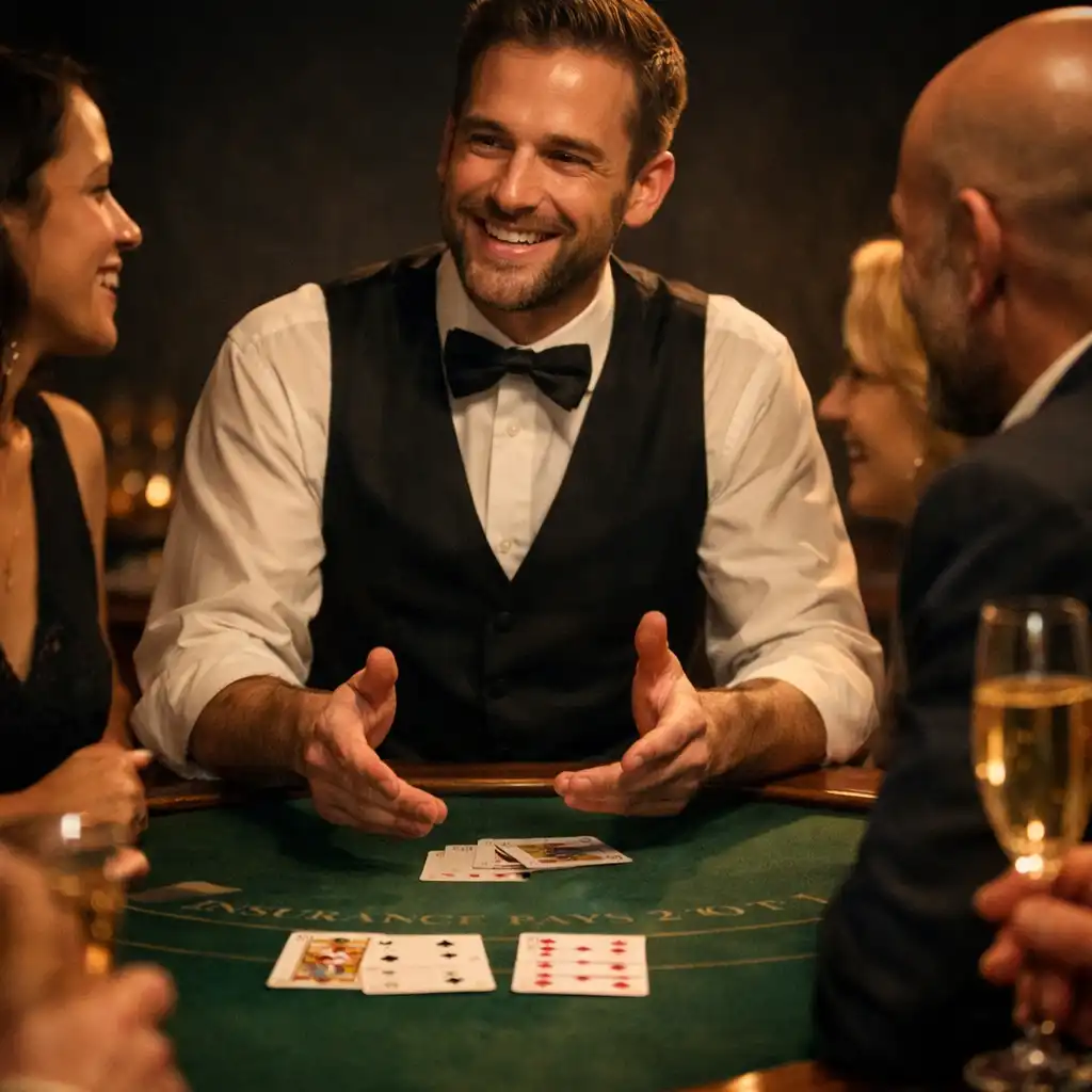 Professional croupier hosting a social blackjack table for adult event guests