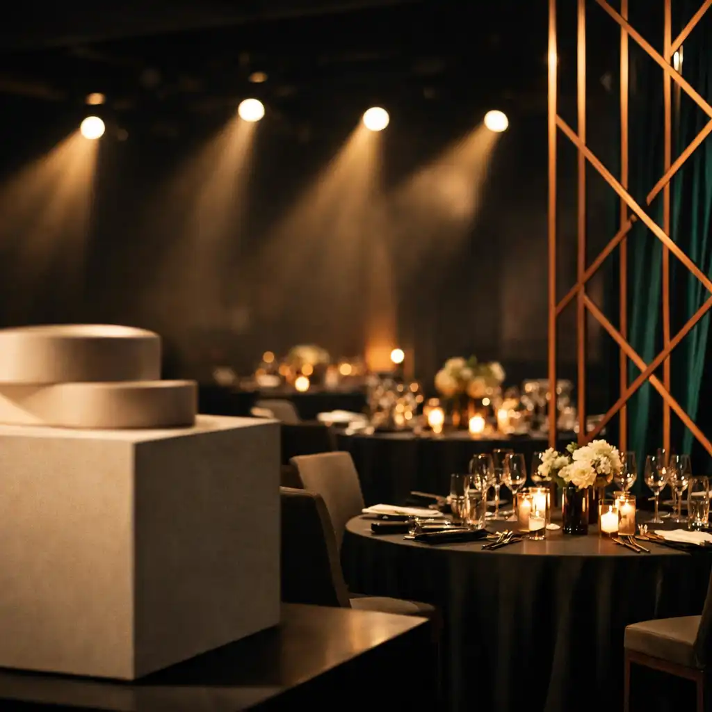 Copper-framed product launch staging in a dark Eventzelar event venue