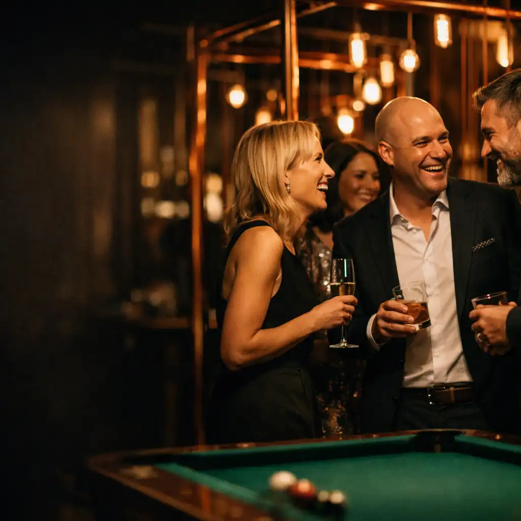 Guests laughing and talking at a warmly lit evening event