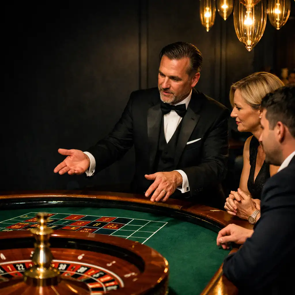 Professional croupier guiding guests around an emerald felt roulette table at an Eventzelar event