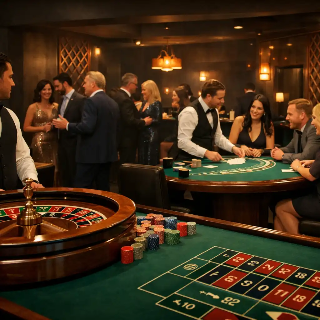 Roulette and blackjack tables in an immersive Eventzelar event room with professional croupiers and guests