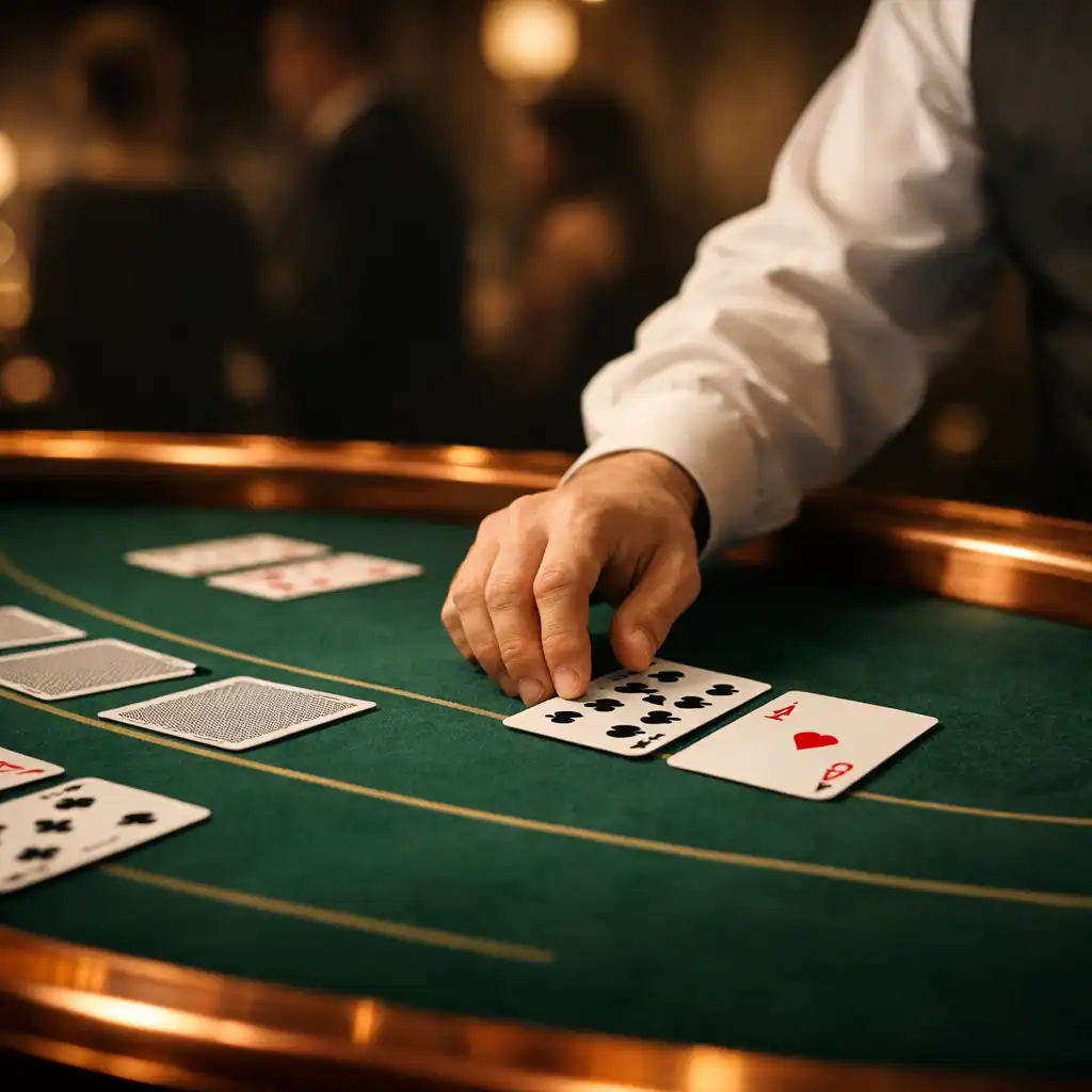 Detailed view of a physical blackjack table prepared by a croupier