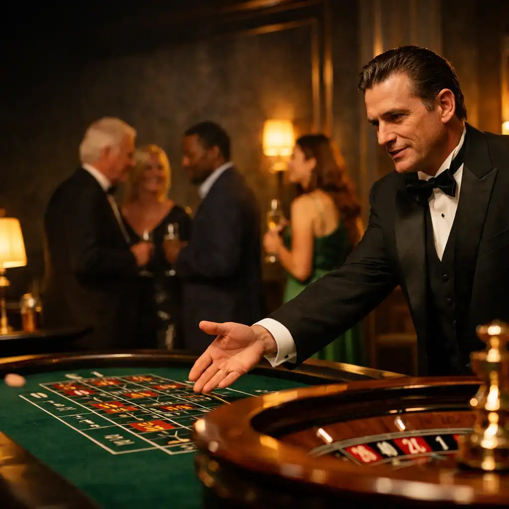 Professional croupier hosting guests around an emerald felt table at an evening event