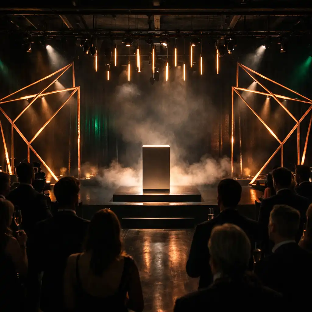 Guests gathered around a geometric-lit product launch reveal