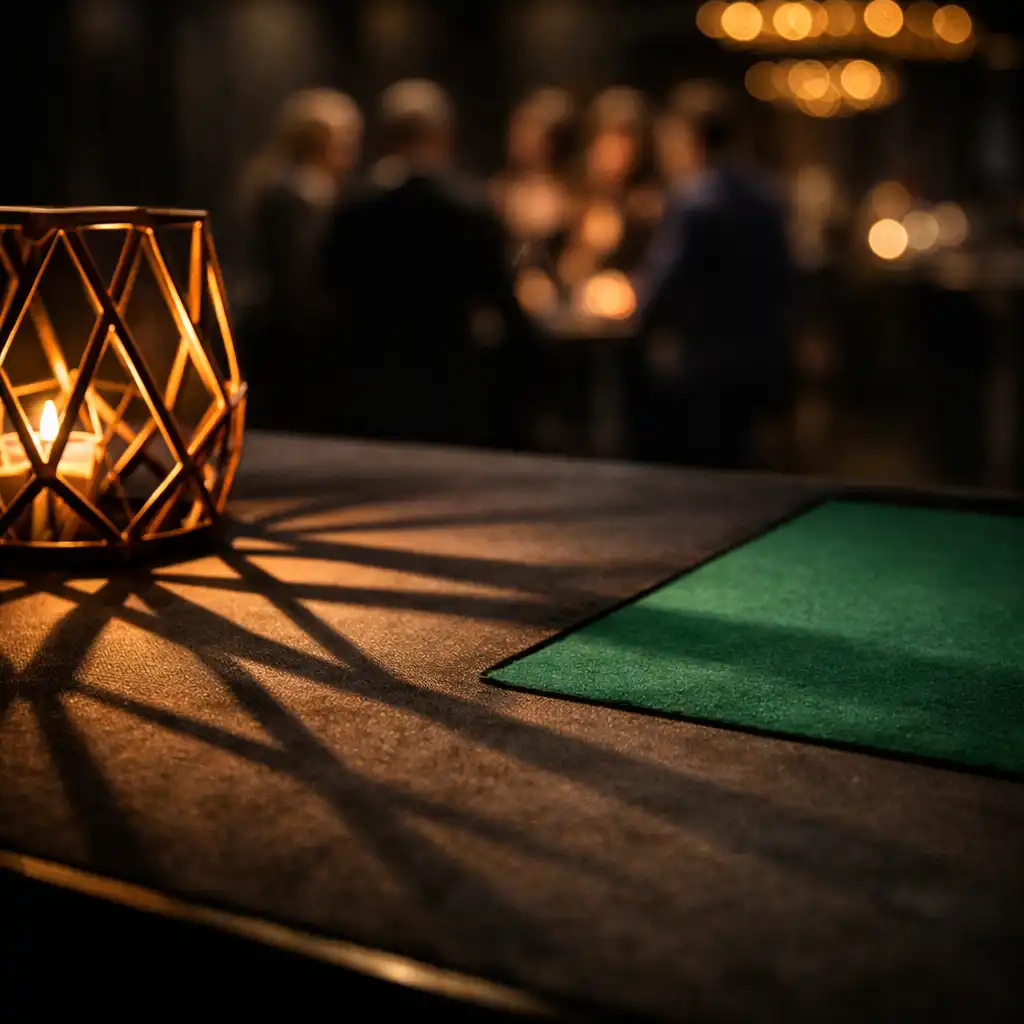 Copper geometric lighting across a dressed event surface