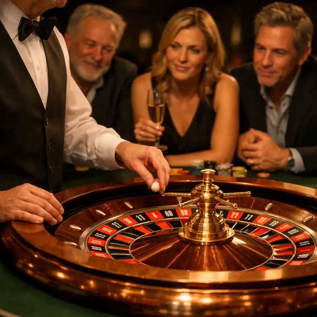 Croupier explaining a physical roulette table to guests at an evening event