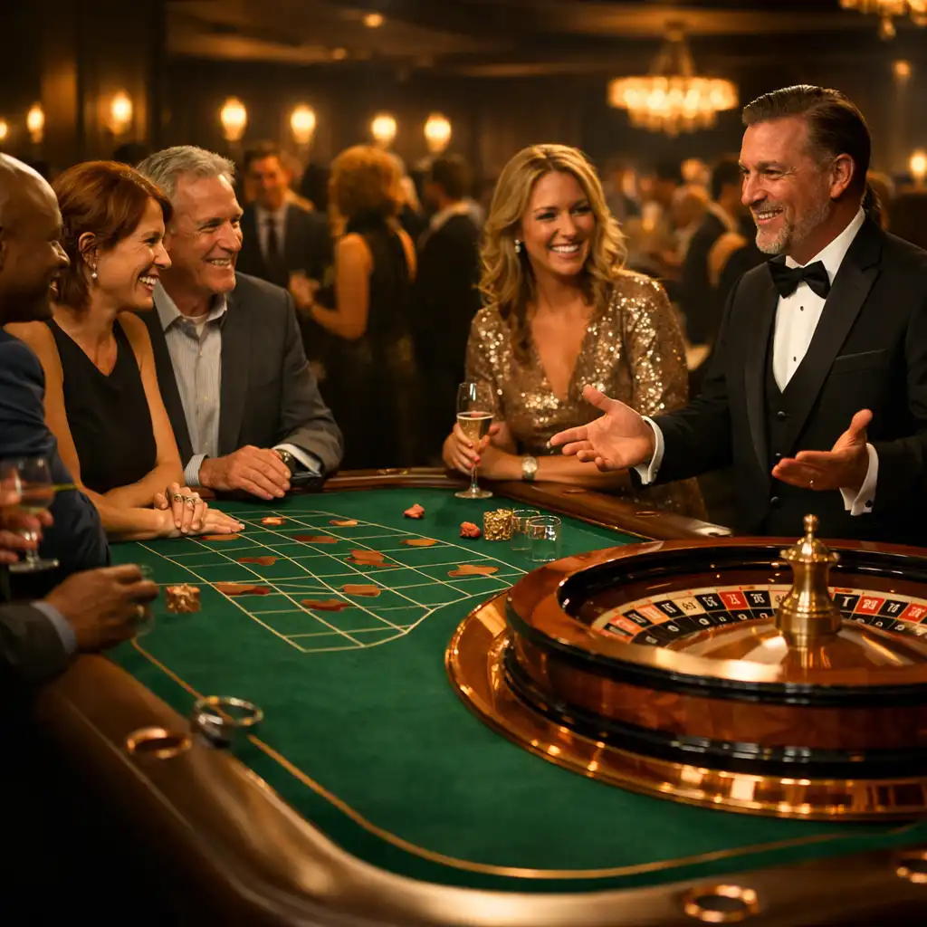Professional croupier welcoming guests around a lively roulette table