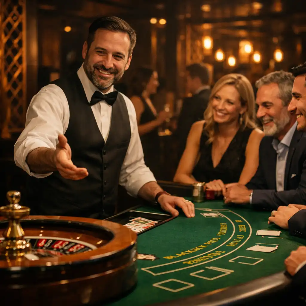 Professional croupier hosting guests at an offline casino-themed table