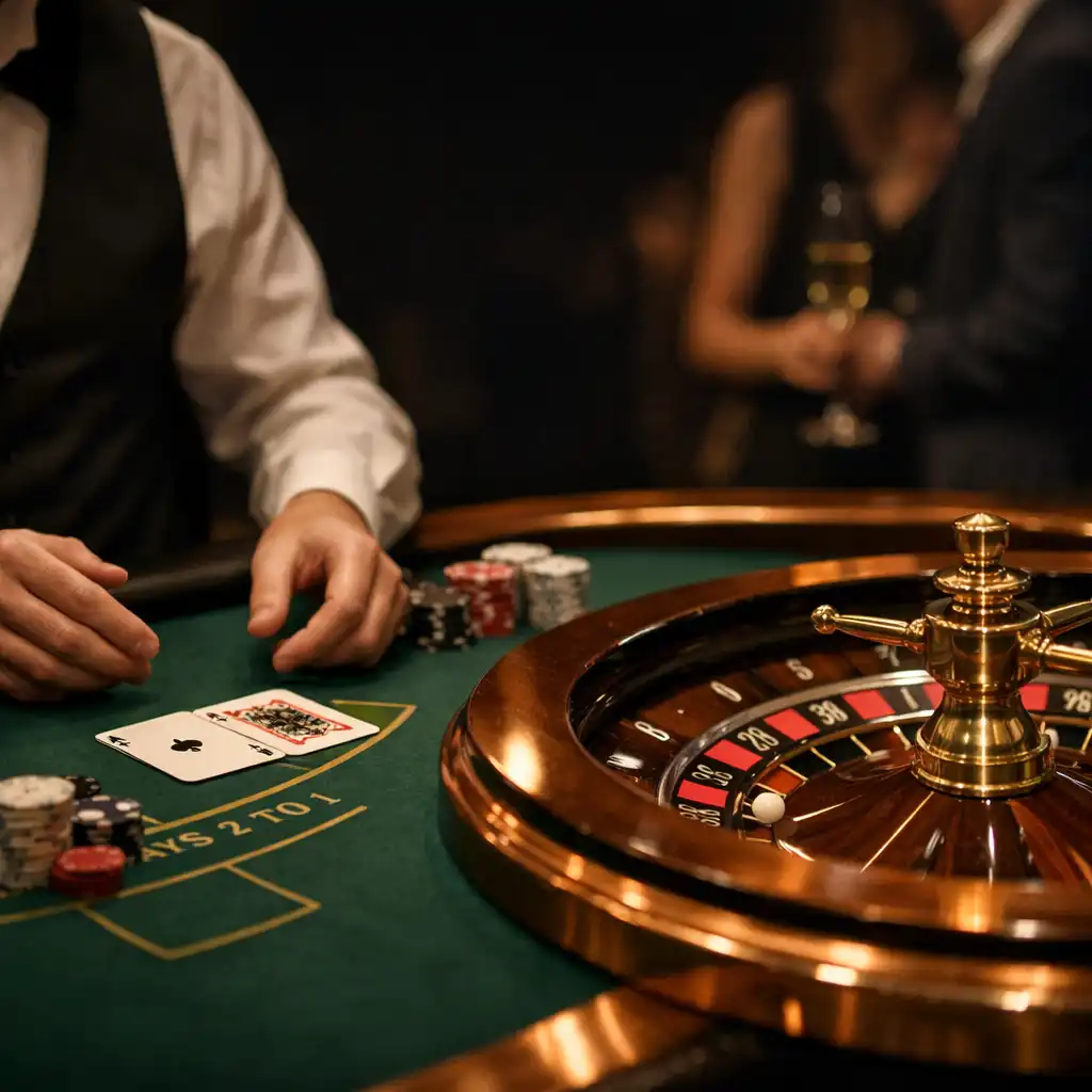Professional croupier guiding guests around a physical blackjack and roulette entertainment table