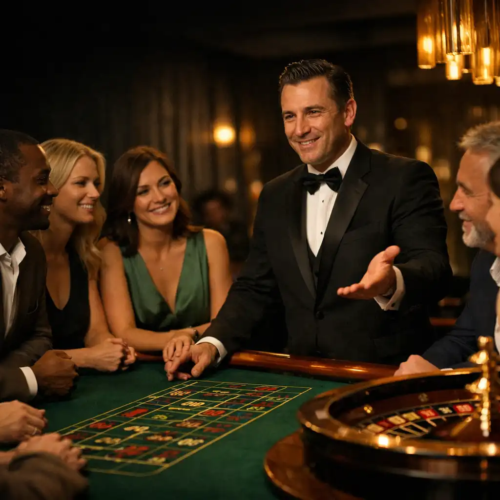 A professional croupier welcoming guests around a physical roulette table