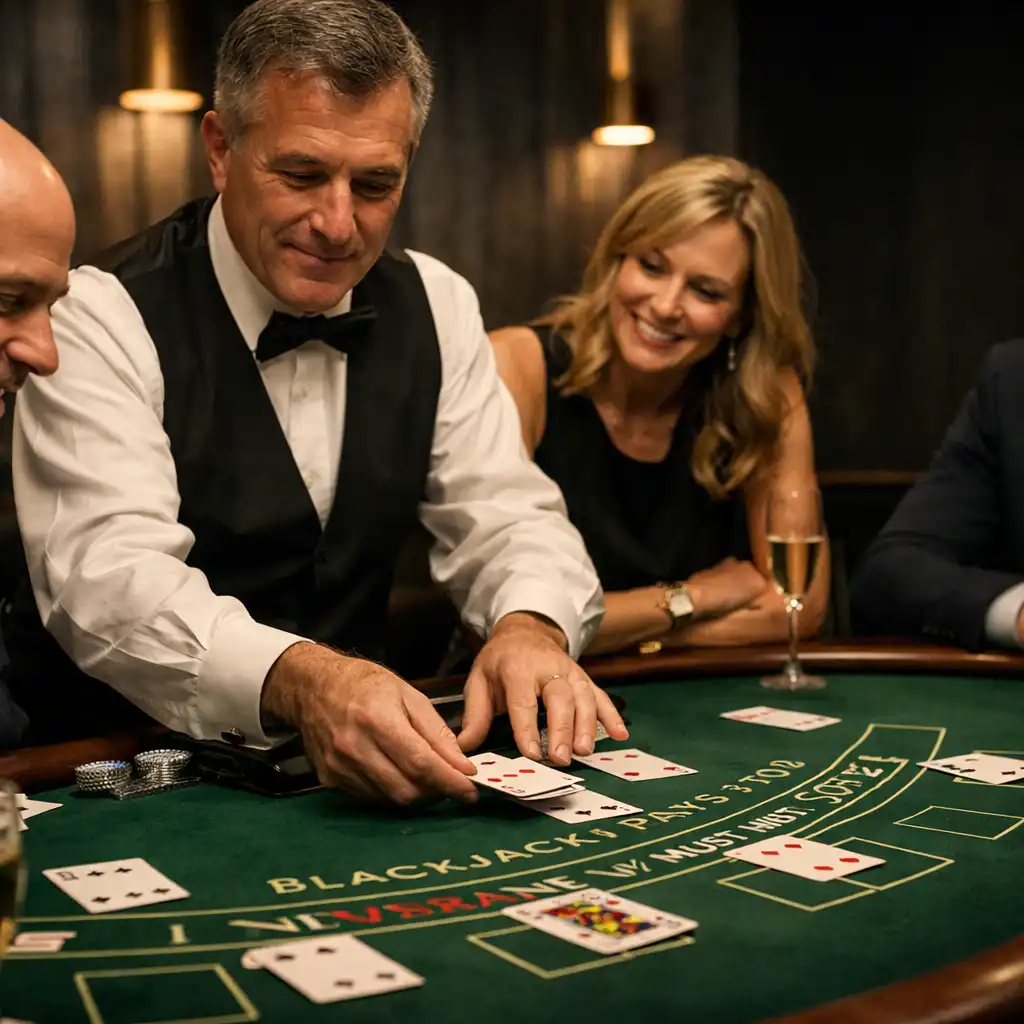 Professional croupier guiding guests around a physical blackjack table