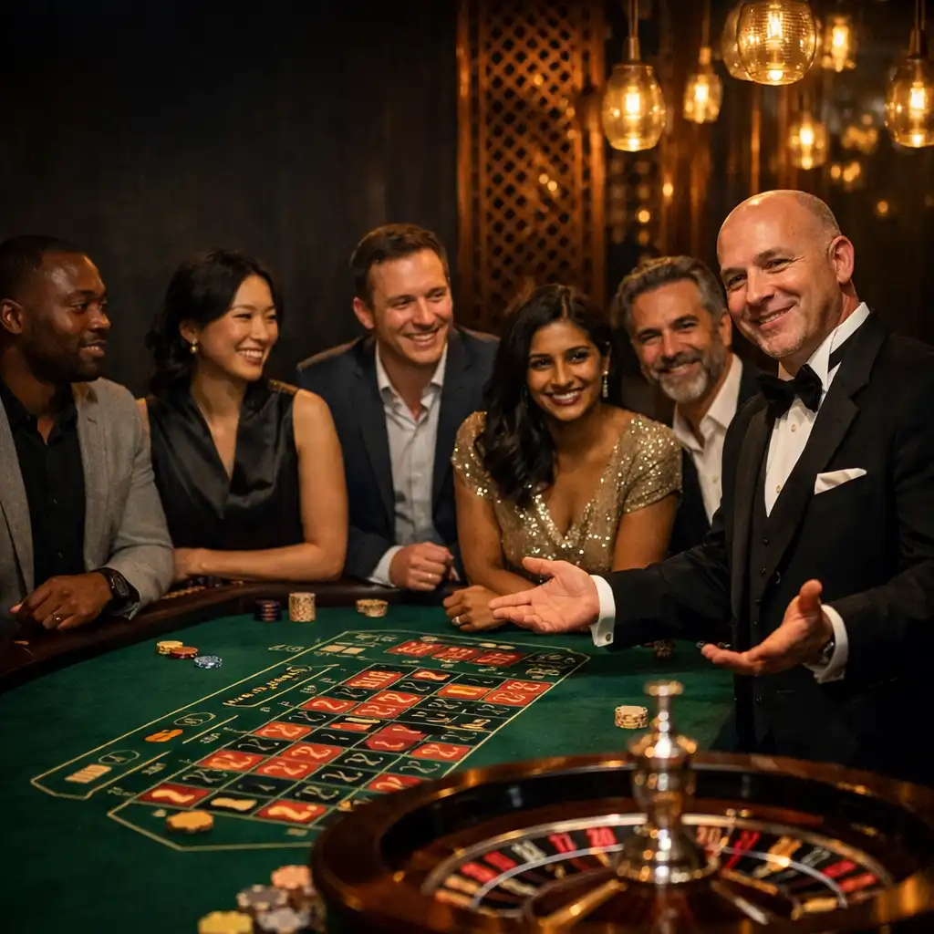 Colleagues gathered around a physical roulette table with a welcoming professional croupier